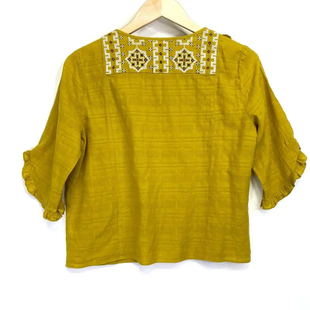 Madewell Embroidered Cassia Ruffle Top Womens Sz S Yellow Boho Summer 3/4 Sleeve - Picture 5 of 9